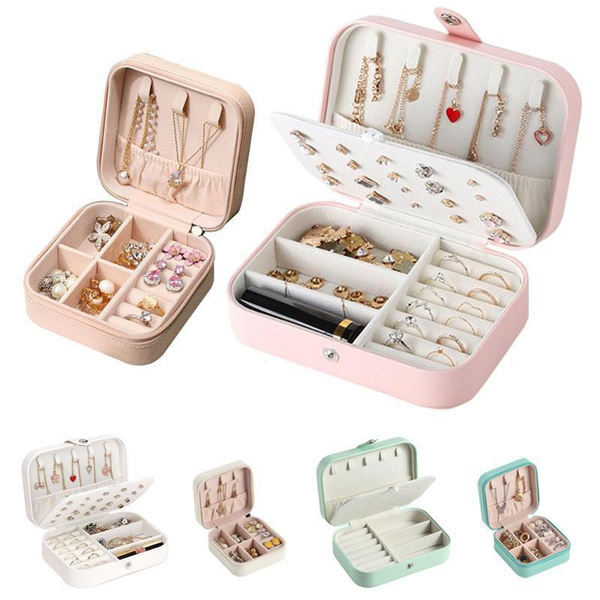 Jewelry Box Portable Leather Jewelry Organizer Box Display Travel Jewelry  Case Boxes Button Leather Storage Zipper Jewelers
