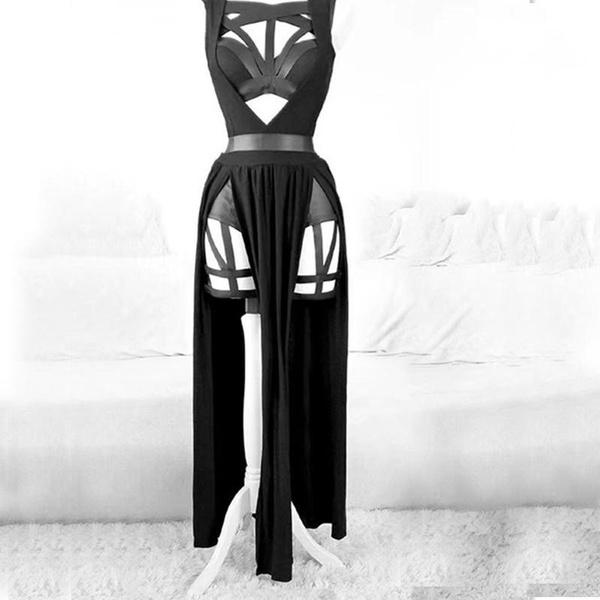 Vintage Gothic Club Sexy Summer Suit Women Sleeveless Black Corset Crop Top  + Bandage Underpants Mesh Split Skirt 3pcs Sets