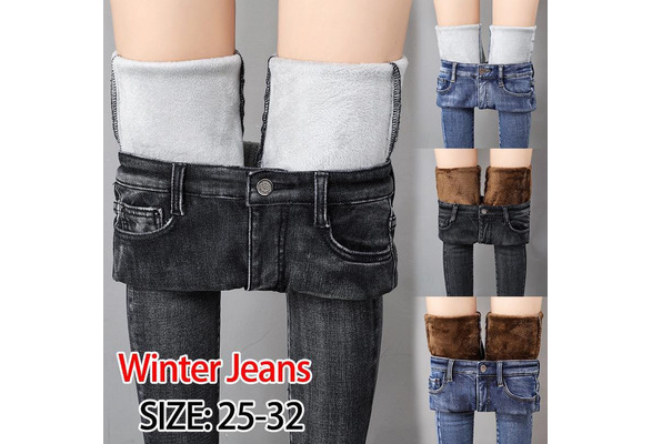 Womens Winter Jeans Thick Skinny Pants Fleece Lined Slim Stretch Warm  Jeggings
