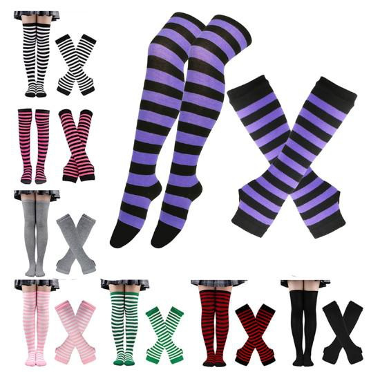 1 Set Women Girls Over Knee Long Stripe Printed Thigh High Striped Cotton Socks Gloves Sweet 5017