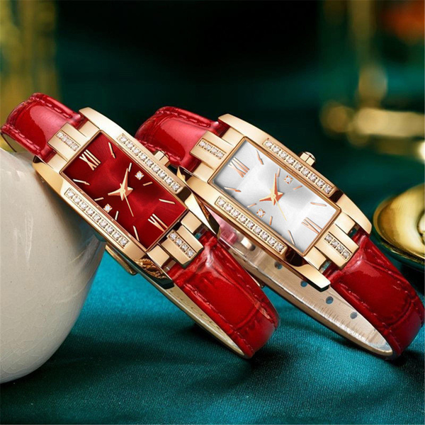 Fashion Lady Square Quartz Watch Green Genuine Leather Rosegold Dial Wrist Watch Clock Women Wish 3901