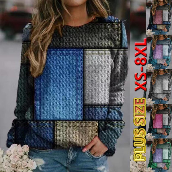 XS-8XL Autumn and Winter Clothes Women's Fashion O-Neck Long Sleeved Tops  Casual Patchwork Plaid Printed Shirts Ladies Plus Size Blouses Pullover  Sweatshirts Loose Cotton T Shirt