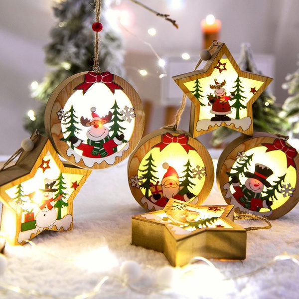 Christmas Hanging Ornaments Wooden Luminous String ​Light Indoor Christmas  Lights for Windows Garlands Decorations