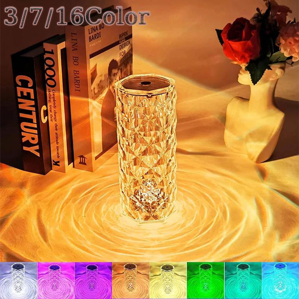 LED Crystal Table Lamp Rose Light Projector Touch Adjustable Romantic ...