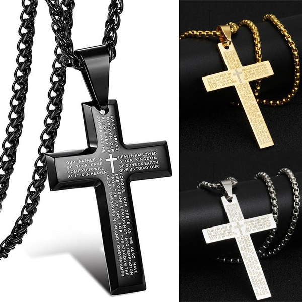 Men's Cross Necklace With Lord's Prayer Pendant - Stainless Steel, Gold/Black, 20-24" Box Chain - View #5