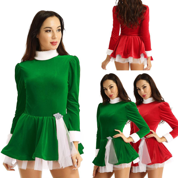 Women Christmas Dance Costume High Neck Long Sleeves Figure Ice Skating Roller Santa Claus