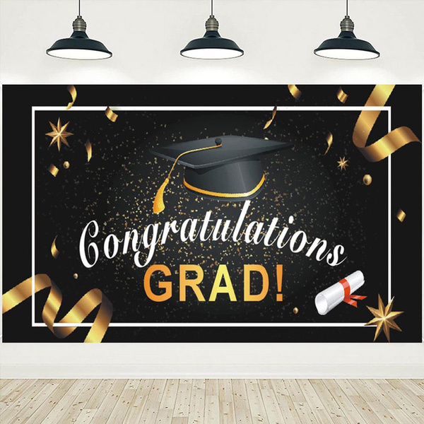 Congrats Grad Graduation Banner Backdrop Black and Gold Congratulations ...