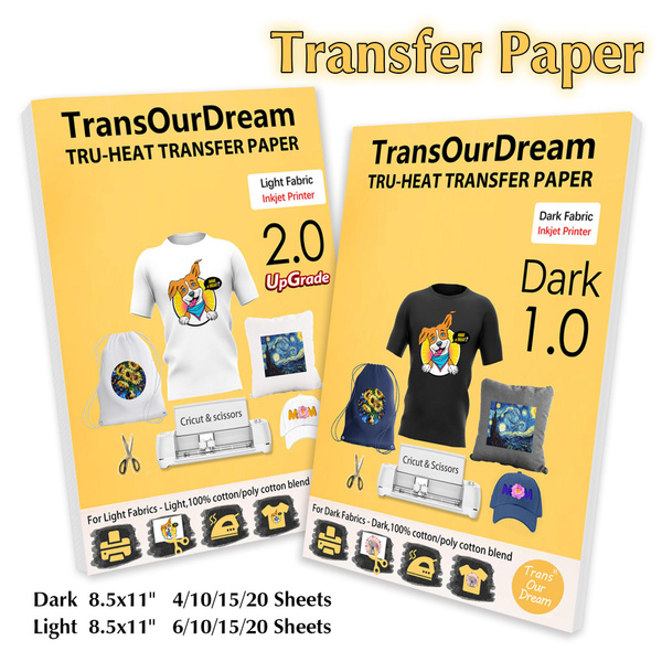 TransOurDream DIY Iron on Heat Transfer Paper for T shirts Printable HTV  Vinyl for Dark / Light Fabrics (Dark 1.0, 8.5x11'', 4/10/15/20 Sheets,  Light 2.0, 8.5x11'', 6/10/15/20 Sheets)