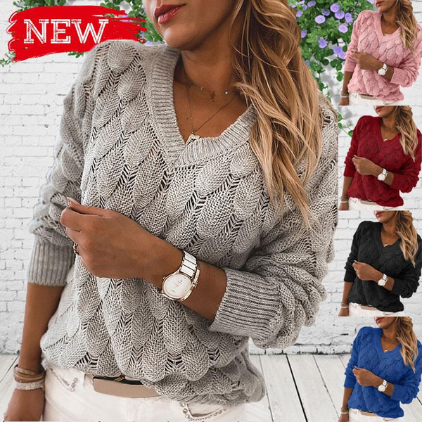 Fashion Women s V Neck Long Sleeve Knit Sweaters Ladies Casual