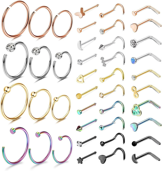 Longbeauty 14-Piece Surgical Steel Nose Stud Set – L-Shape, Screw, Bone, 20G CZ