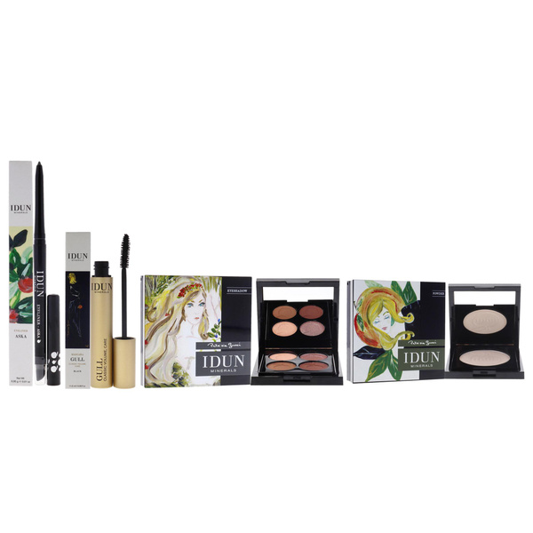 Gull Mascara - 010 Black With Eyeliner 104 Aska and Eyeshadow Palette - 407 Lavendel and Highlighter Powder - 522 Kit by Idun Minerals for Women - 4 Pc Kit