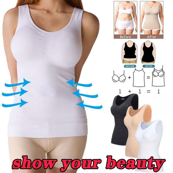Women's Shapewear Tank Tops Tummy Control ,Seamless Slimming Body Shaper Top  Regular and Plus Sizebody Sculpting Long Vest ,Tummy and Waist Control Body Shapewear  Camisole for Women(Black/White/Beige)
