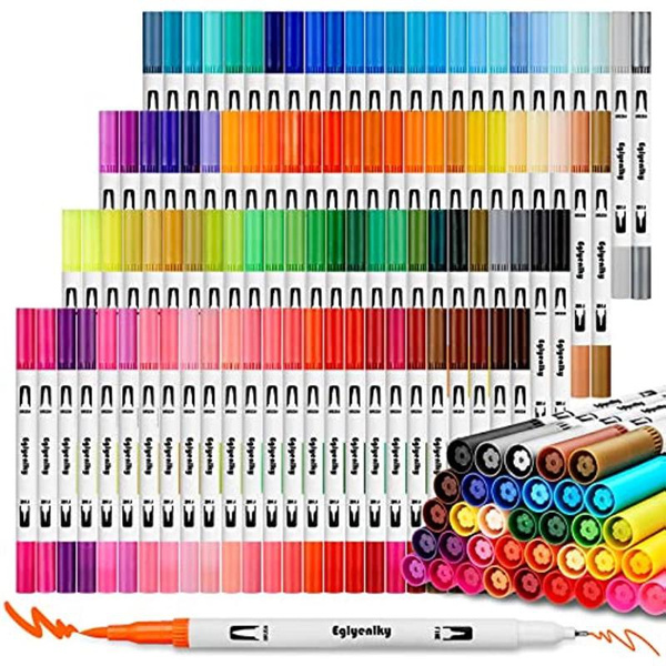 Adult coloring book with colored markers, double-ended brushes