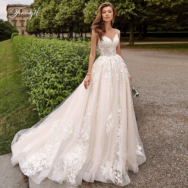 Illusion Scoop A Line Lace Wedding Dresses Elegant Cap Sleeve Bridal Dress  Court Train Wedding Gowns for Bride Plus Size
