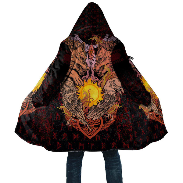 Men's Fashion Hooded Cloak Viking Odin Raven Wolf Tattoo 3D Printed