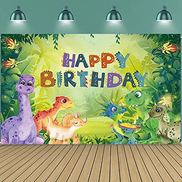 Cartoon Dinosaur Theme Happy Birthday Backdrop Banner Watercolor