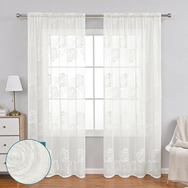 1/2 Panels White Floral Window Sheer Flocking Rose Curtains for Living ...