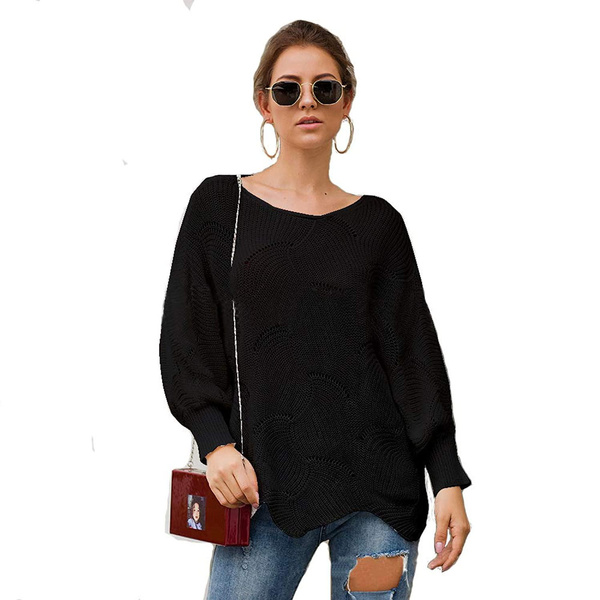 Women Batwing Sleeve Pullover Knit Sweater Loose Oversized Baggy Hollow  Jumper Black Black small | Wish