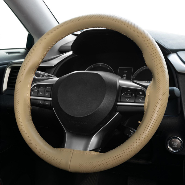 Car Steering Wheel Cover Genuine Leather Breathable Anti-slip DIY Sewing  Lenkradbezug Beige/Grey 15Inch (38cm)