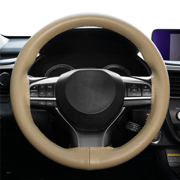 Lenkradbezug Car Steering Wheel Cover Cowhide Genuine Leather Breathable  Anti-slip DIY Beige/Grey For 15Inch (38cm) Car Vehicle Interior Accessories