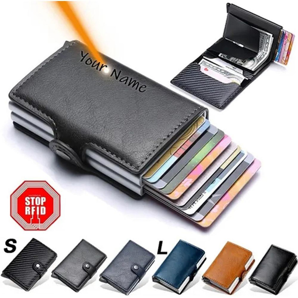 Leather Metal Aluminum Men Pop Up ID Credit Card Holder Wallet RFID ...