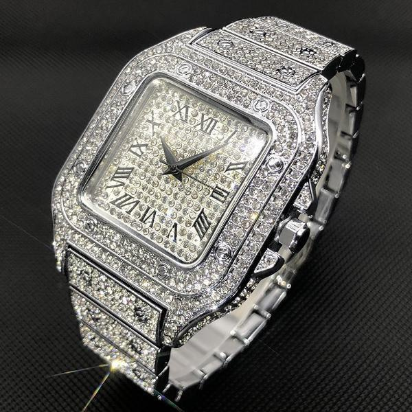 Luxury MISSFOX Full Diamond Iced Out Square Watch Ultra Thin Waterproof