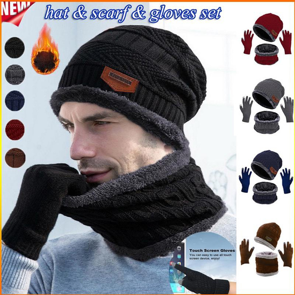 3Pcs Fashion Unisex Winter Hat Scarf Gloves Set Fleece Liner Warm ...