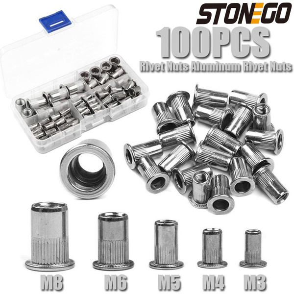 STONEGO 100Pcs/Box Aluminum Rivet Nuts Kit Threaded Rivet Nut Inserts