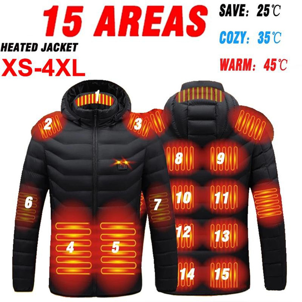 XS4XL Plus Size 15 Areas Heated Jacket USB Men Women Winter Down Cotton Outdoor Electric