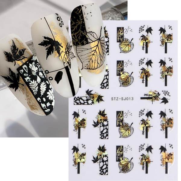 3D Fall Nail Stickers Gold Leaf Cotton Flowers Transfer Decals Nail
