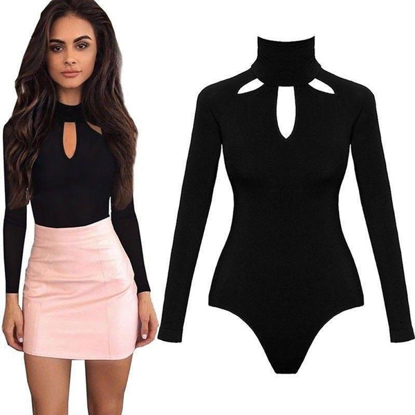 Womens Plain Halter Neck Bodysuit Leotard Top Stretch Long Sleeve ...