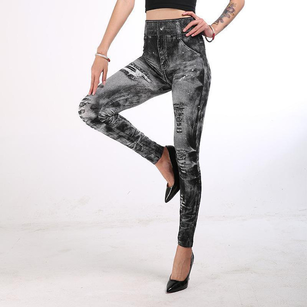 Fashion Womens Fake Denim Leggings Print Jeans Strong Stretch Yoga