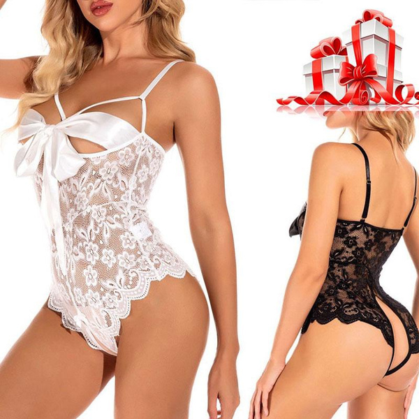 Sexy Lingerie for Women,Sheer Lace One Piece High Cut Bodysuit, Knot Front  Backless Lace Floral Halter Teddy Lingerie Valentine Halloween Christmas  Gift Pajamas Sleepwear