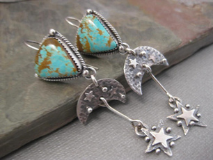 trianglegemstonestarandmoonchainearring, Turquoise, 925 sterling silver, Gemstone Earrings