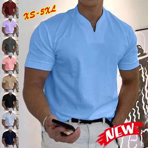 Trending Fashion Men's V-Neck Short Sleeve Polo Shirts Solid Color