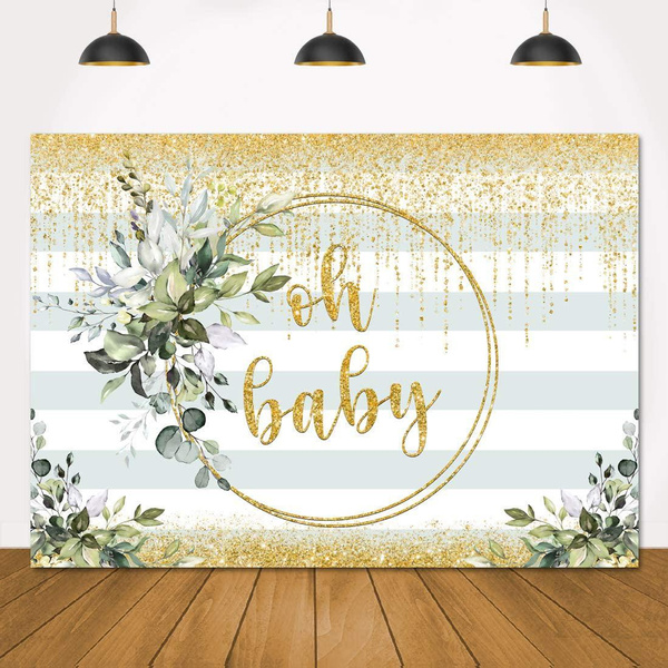 Round Glitter Yellow Oh Baby Stripe Baby Shower Backdrop