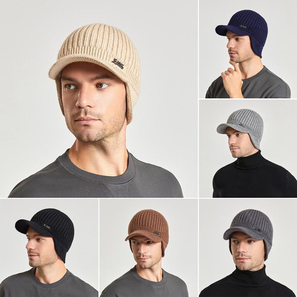 1Pc Men Winter Knitted Hat Outdoor Cycling Ear Protection Warmth Peaked Cap  Casual Fashion Sunhat Bomber Hats