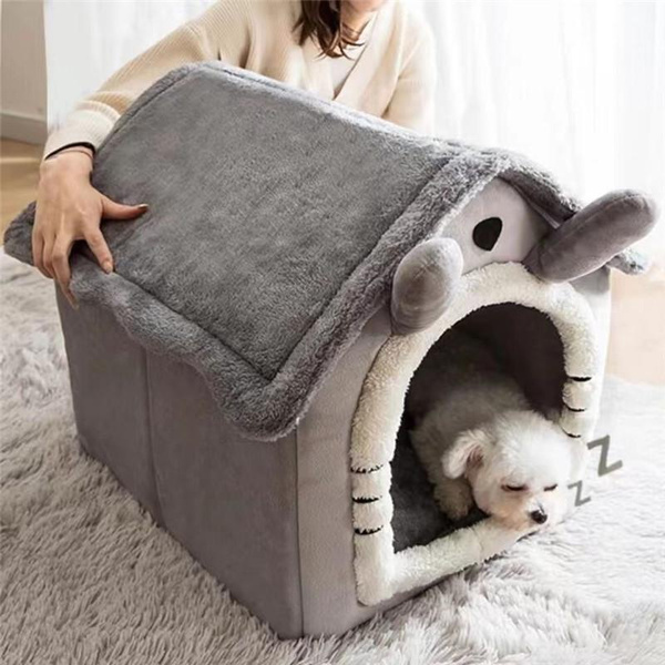 Cat Bed Super Soft Large Grey Cat Dog Igloo Pet Bed Warm Kennel Puppy