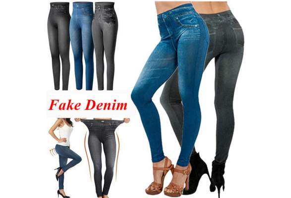 Women High Waist Fake Jeans Leggings Elastic Jeggings Denim Style Pants
