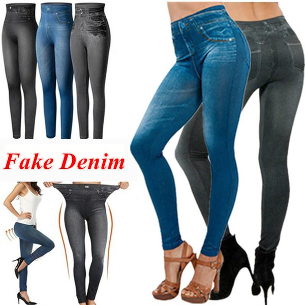 Women High Waist Fake Jeans Leggings Elastic Jeggings Denim Style Pants