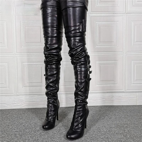 Slip On Ladies Custom 90cm Crotch Thigh High Boots Women Leather Light ...