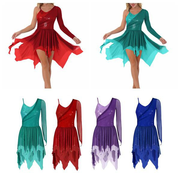 Long Sleeve Dance Dress Sparkling Sequin Dancewear Asymmetrical Hem