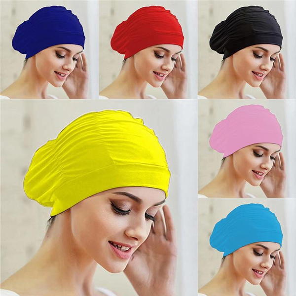Unisex Swimming Caps Long Hair Swim Cap Pleated Cloth Fabric Bathing