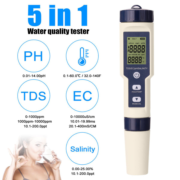 Water Quality Tester 5 in 1 Water PH Salinity Total Dissolved Solids EC ...