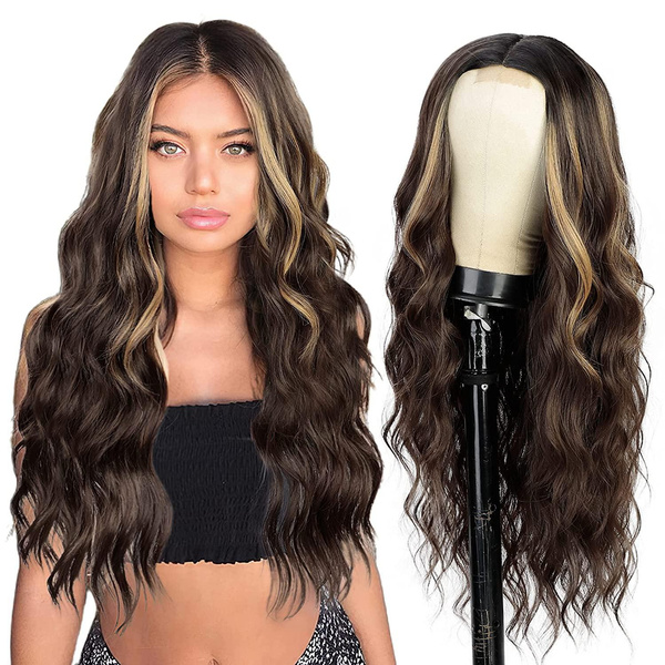 26inch Long Brown Wavy Wig,Long Wavy Middle Part Wig for Women ...