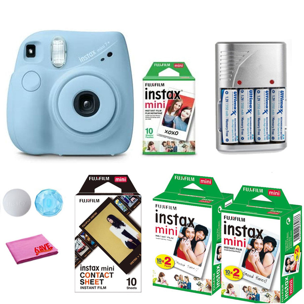 FujiFilm Instax Mini 7+ Instant Camera, Light Blue Bundle + (10