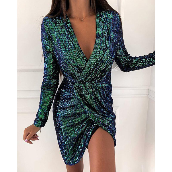 Women's Sexy Deep V-Neck Long Sleeve Dress Sequin Glitter Shiny Evening ...