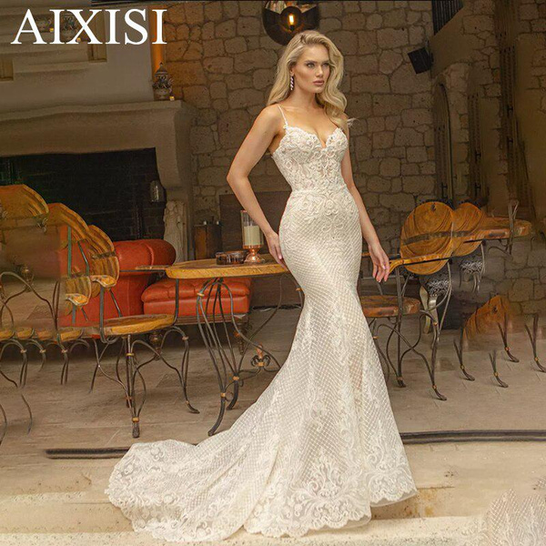 Luxury Wedding Dress Lace Appliques Beading Mermaid Bride Dress Vestido Robe De Mariee Sweetheart Sleeveless Spaghetti Straps