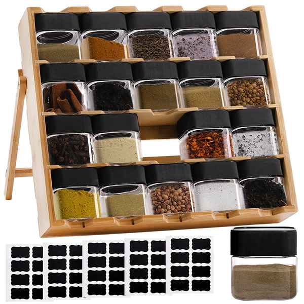 4 Tier Bamboo Spice Rack With 20 Pack 7Oz Spice Jars And Labels Countertop Seasoning Organizer Set Drawer Spice Shelf For Spice Seasoning Cabinet