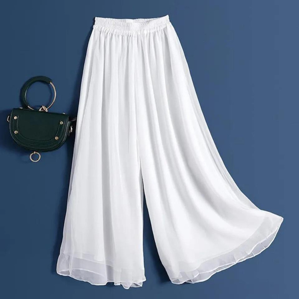 Fashion Woman Casual Chiffon Wide Leg Pants Big Size Loose Solid White  Elastic Band High Waist Female Clothing Oversize Trousers